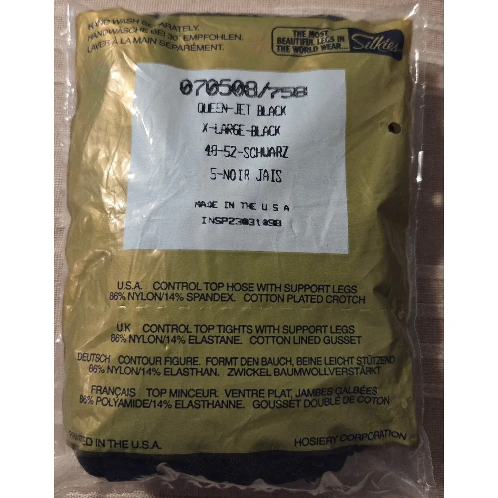 NOS Vintage Silkies‎ Control Top Pantyhose Jet Black XL 070508/758 Made in USA